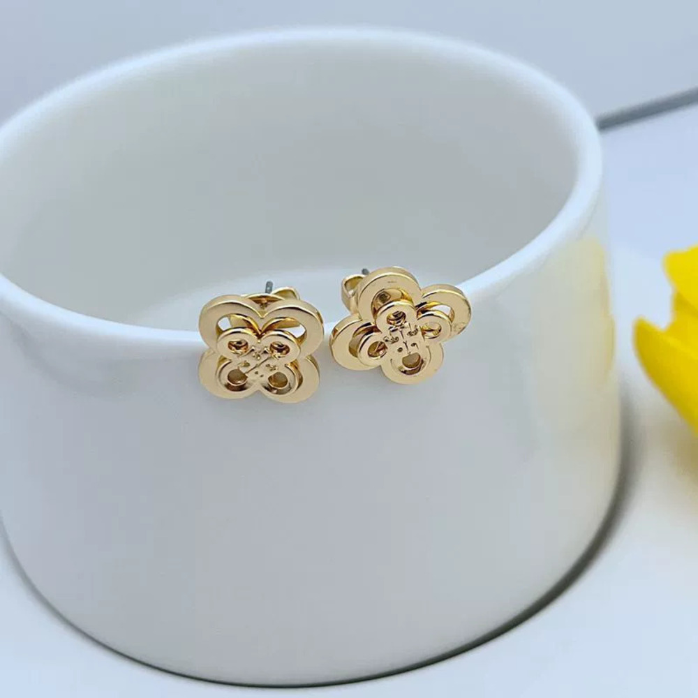 Tory Burch Double Layer Four Leaf Clover Earrings Polished Inlaid